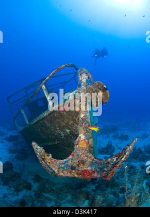 Taucher besuchen das Wrack des Pelicano, auf der Unterseite des karibischen Meeres in der Nähe von Playa Del Carmen, Mexiko sitzt. Stockfoto