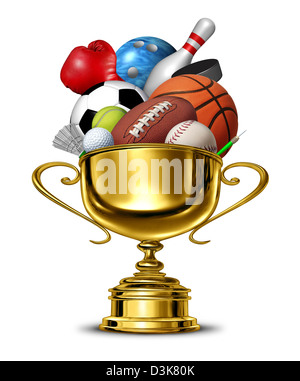 Gold Cup Sieger Sportpokal mit einem leeren Metallsockel auf einem weißen Hintergrund als ein Gruppenkonzept Aktivität Erfolg für den Gewinn und Stockfoto