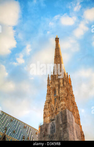 Turm der St. Stephen Cathedral in Wien bei Sonnenaufgang Stockfoto