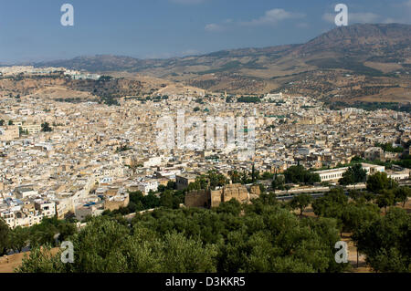 Blick hinunter auf die weitläufigen alten Medina aus dem Borj Sud Fort, zeigt die umliegende Landschaft, Fes, Marokko Stockfoto