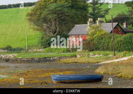 Blaue Ruderboot hochgezogen auf die Ufer der Carraigahowley Insel, Clew Bay, Westport, County Mayo, Irland Stockfoto