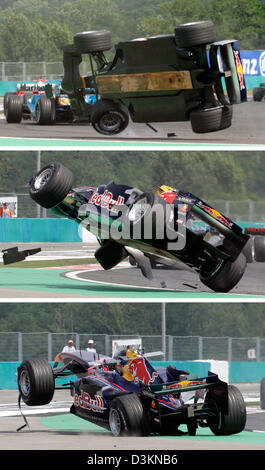 (Dpa) - Combo von drei Bildern zeigt österreichische Formel-1-Pilot Christian Klien von Red Bull Racing kippt er mit seinem Auto bei einem Unfall in der ersten Kurve nach dem Beginn der Formel 1 Grand Prix von Ungarn am Hungaroring Race track in der Nähe von Budapest, Ungarn, Sonntag, 31. Juli 2005. Foto: Gero Breloer Stockfoto