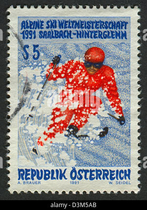 Österreich - ca. 1991: Briefmarke gedruckt in Österreich gewidmet FIS Alpine Ski-WM (1991), ca. 1991. Stockfoto