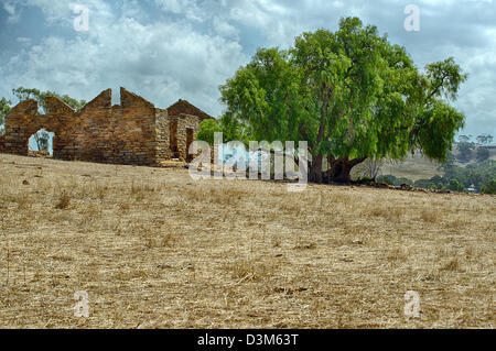 Ruinen von ein altes Gehöft sitzt in einem trocken-Hof in Dürre betroffenen South Australia. Stockfoto