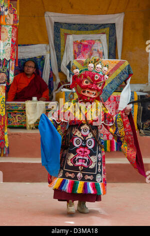 Maskierte Cham-Tänzer des Tak Tkok Tse Chu-Festivals am Tak Thok Gompa, (Ladakh) Jammu & Kaschmir, Indien Stockfoto