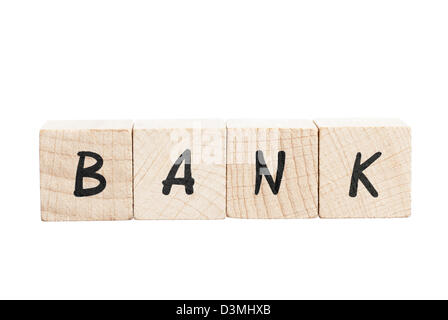 Bank mit Holzklötzen ausgeschrieben. Weißen Hintergrund. Stockfoto