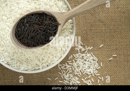 zwei Sorten von Reis, in eine Runde Schale weiß und schwarz in einem Holzlöffel. Stockfoto