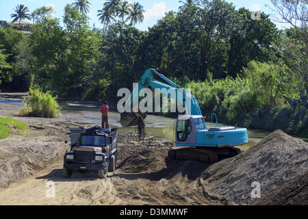 Mechanischen Bagger entfernen von Schlick aus einem Flussbett Stockfoto