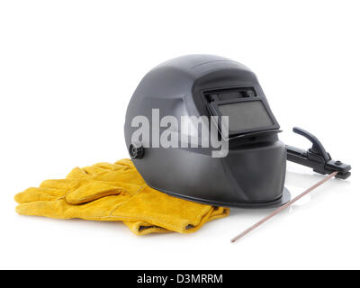 Schwarze Schweißen Kapuze, Schweißen Elektrodenhalter und gelbe schützende Lederhandschuhe über weiß Stockfoto