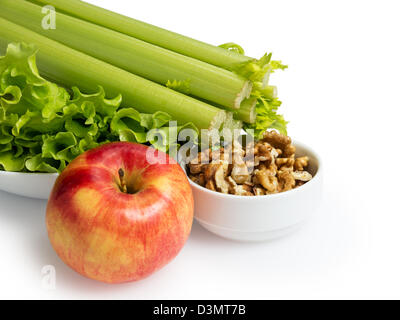 Zutaten für Waldorf-Salat, isoliert auf weißem Hintergrund Stockfoto