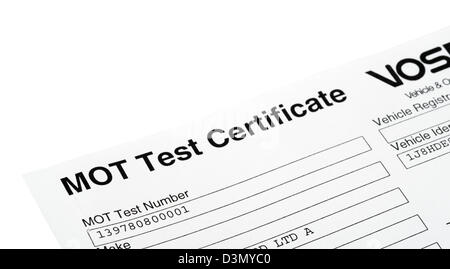 TÜV Test Zertifikat, UK Stockfoto