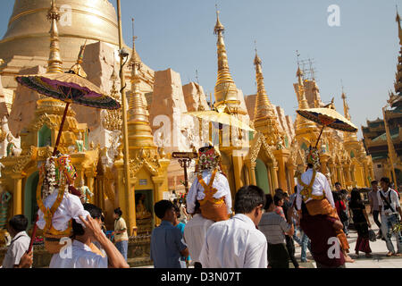 Anfänger-Mönch-Zeremonie an der Shwedagon-Pagode in Yangon Stockfoto