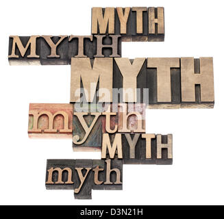 Mythos Wort Abstrakt - isolierten Text in einer Vielzahl von Vintage Buchdruck Holzart Druckstöcke Stockfoto
