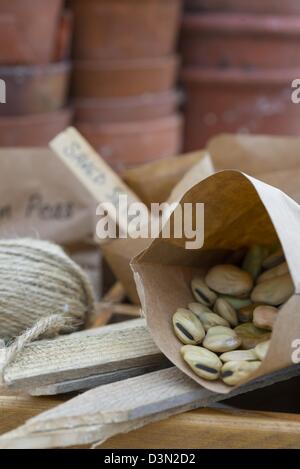 Blumenerde Bank Frühling Stillleben mit gespeicherten Samen hausgemachte Pakete und Garten Artikel Stockfoto