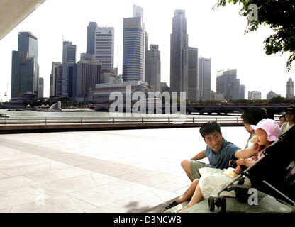 Eine junge Familie sitzt direkt am Wasser an der Esplanade Theater an der Bucht in Singapur, Singapur, 5. März 2006. Im Hintergrund ist die Skyline von Singapur Finanzviertel abgebildet. Foto: Hanns-Peter Lochmann Stockfoto