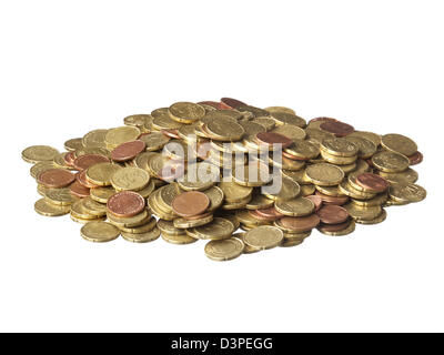 Kleingeld, Münzen grosser Haufen Euro auf weißem Hintergrund. vor allem 20 und 5-Cent-Münzen Stockfoto