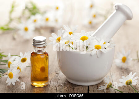 ätherisches Öl und Kamille-Blüten im Mörser Stockfoto