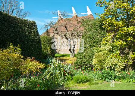 Great Dixter House und Gärten, blauer Frühling, Himmel Tulpen und Sträucher gegen historische Oast House. Bunt, hell. Stockfoto