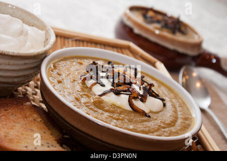 Eine Schüssel mit reichen cremige Gourmet Curry Kürbissuppe Stockfoto