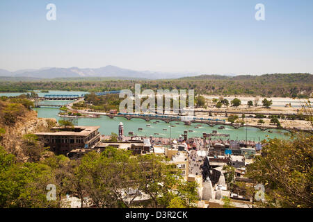 Vogelperspektive Blick auf die Heilige Stadt, Haridwar, Fluss Ganges, Uttarakhand, Indien Stockfoto