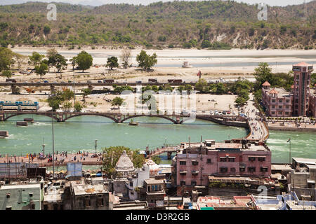 Vogelperspektive Blick auf die Heilige Stadt, Haridwar, Fluss Ganges, Uttarakhand, Indien Stockfoto