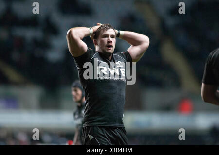 Swansea, Großbritannien. 22. Februar 2013. RaboDirect Pro 12 - Fischadler V Edinburgh im Liberty Stadium in Swansea: Fischadler Morgan Allen Credit: Phil Rees / Alamy Live News Stockfoto