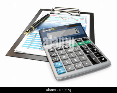 Finanzkonzept. Aktien-Chart mit Taschenrechner und Kugelschreiber. Stockfoto