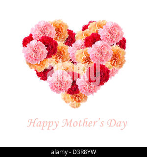 Bouquet aus bunten verschiedene Nelken In Liebe Form isoliert auf weiss mit Textfreiraum. Glückliche Mutter Tag Konzept. Stockfoto