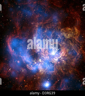 Die Region der Sternentstehung in der Galaxie M33 ist die größte bekannte Region im nahen Kosmos und zeigt dichte Wolken aus Gas und junge Sterne. Die Untersuchung dieser kosmischen Metropole gibt Einblicke in die Prozesse der Sterngeburt und -Evolution. Stockfoto