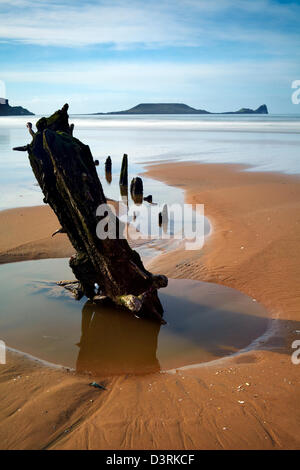 Helvetia Schiffswrack am Strand von Rhossili, Gower Halbinsel, Swansea, Südwest-Wales Stockfoto