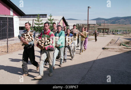 Gefangenen mit Holz im Lager Manjaca, Banja Luka, Bosnien und Herzegowina Stockfoto