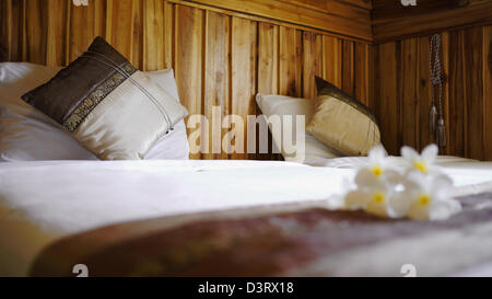 Luxus Zweibettzimmer Baumwoll-Bettwäsche mit Thai Seide Kissenbezug. Stockfoto