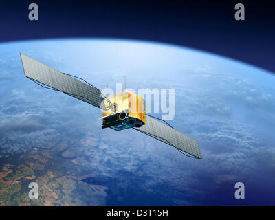 Der Weltraumsatellit umkreist den Planeten Erde. Kommunikation und globales Technologiekonzept. Handgefertigte Photoshop-Illustration, keine KI-generierten Inhalte. Stockfoto
