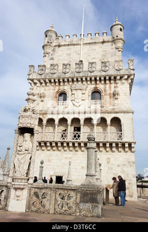 Detail der Belém Turm aka Torre de Belém, oder der Turm von St. Vincent, Santa Maria de Belém, Lissabon, Portugal. Stockfoto