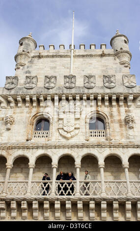 Detail der Belém Turm aka Torre de Belém, oder der Turm von St. Vincent, Santa Maria de Belém, Lissabon, Portugal. Stockfoto