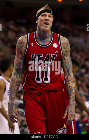 23. Februar 2012: Miami Heat Power-forward sieht Chris Andersen (11) während der NBA-Spiel zwischen den Miami Heat und die Philadelphia 76ers im Wells Fargo Center in Philadelphia, Pennsylvania. Die Miami Heat schlagen die Philadelphia 76ers, 114-90. Stockfoto