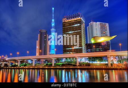 Markante Gebäude säumen den Sumida-Fluss in Asakusa in Tokyo, Japan. Stockfoto