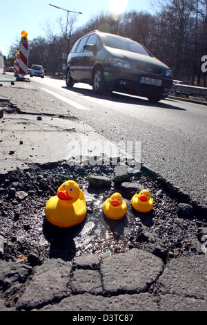 Berlin, Deutschland, Gummienten sitzen in ein Schlagloch Stockfoto