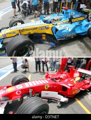 Das Combo-Bild zeigt deutsche Formel-1 pilot Michael Schumacher der Scuderia Ferrari und spanische pilot Fernando Alonso von Renault, wie sie ihren Team-Garagen im dritten Training an der Interlagos Rennstrecke in der Nähe von Sao Paulo, Brasilien, Freitag, 20. Oktober 2006 verlassen. Grand Prix von Brasilien statt findet am Sonntag, 22. Oktober. Foto: Gero Breloer Stockfoto