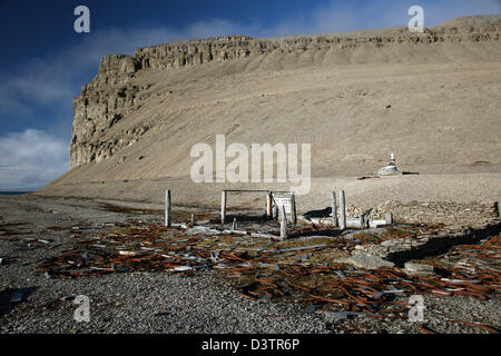 Blick auf die so genannte Northumberland House (vorne) und die Franklin-Denkmal (im Hintergrund) auf Beechey Island, Kanada, 18. August 2006. Britische Polarforscher Sir John Franklin und seine Crew waren hier für einen Winter und verschwand im Jahre 1847. Foto: Hinrich Baesemann Stockfoto