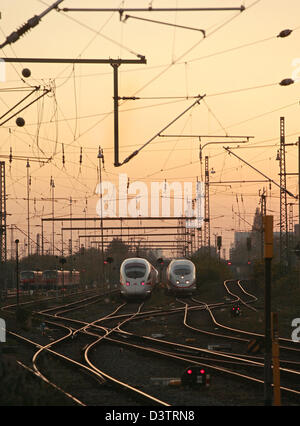 Zwei ICE (Intercity-Express)-Züge der deutschen Träger Eisenbahngesellschaft "Deutsche Bahn" auf ihren Spuren reflektieren das Licht am frühen Abend am Hauptbahnhof in Frankfurt Main, Deutschland, Montag, 30. Oktober 2006 stehen. Foto: Wolfram Steinberg Stockfoto