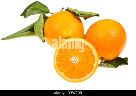 drei Orangen mit grünen Blättern, die isoliert auf weißem Hintergrund Stockfoto