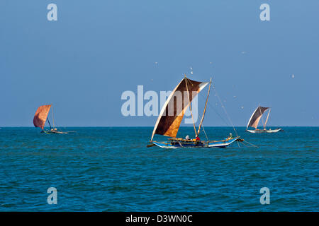 DREI KATAMARANE IN MORGENFISCHEN FÜR GARNELEN IM INDISCHEN OZEAN IN DER NÄHE DER STRÄNDE VON SRI LANKA Stockfoto