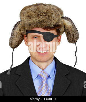 Russische Pirat im Business Anzug und Pelz Mütze mit Ohrenklappen isoliert auf weißem Hintergrund Stockfoto