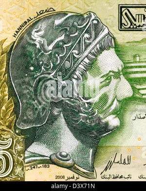 Hannibal (247-182 v. Chr.) auf 5 Dinar 2008 Banknote aus Tunesien. Punischen karthagische Feldherr. Stockfoto