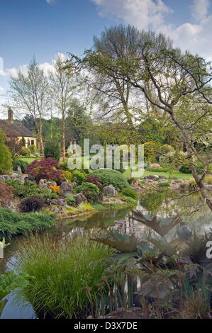 Teich - ornamentalen Wasser Randnummern im Vordergrund Steingarten auf der gegenüberliegenden Bank verschiedene Sträucher Koniferen führenden Eigentümer Eigentum Stockfoto