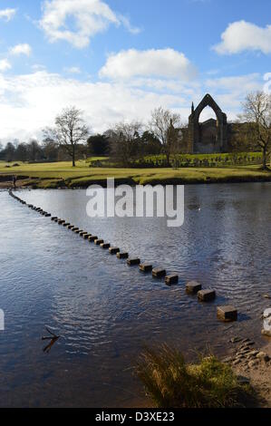 Trittsteine über den Fluß Wharfe in der Nähe von Bolton Priory auf die Dales so Long Distance Fußweg Wharfedale Yorkshire Stockfoto