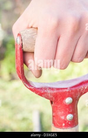 Hand gripping the handle of a garden tool Stockfoto