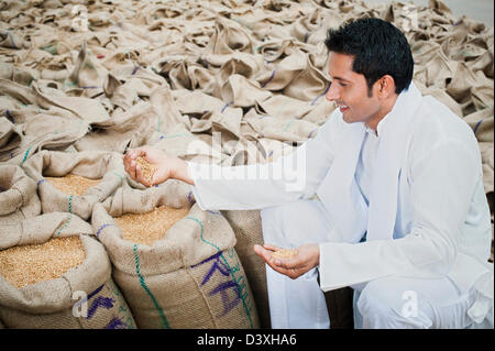 Man sitzt in der Nähe von Säcke Weizen und zeigt Weizenkörner, Anaj Mandi, Kapur, Gurgaon, Haryana, Indien Stockfoto