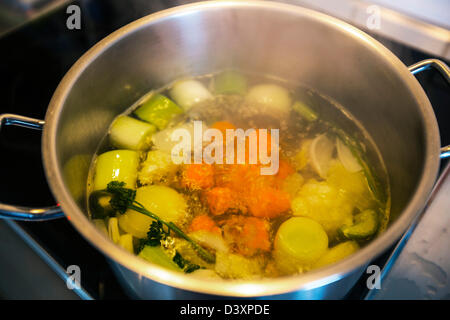 Verschiedene Gemüse in einem Topf für eine Gemüsesuppe kochen. Stockfoto